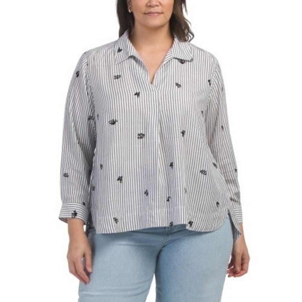 Jane + Delancey Flocked Popover Top Size 2X White Striped Floral Hi Lo Hem‎ NWT